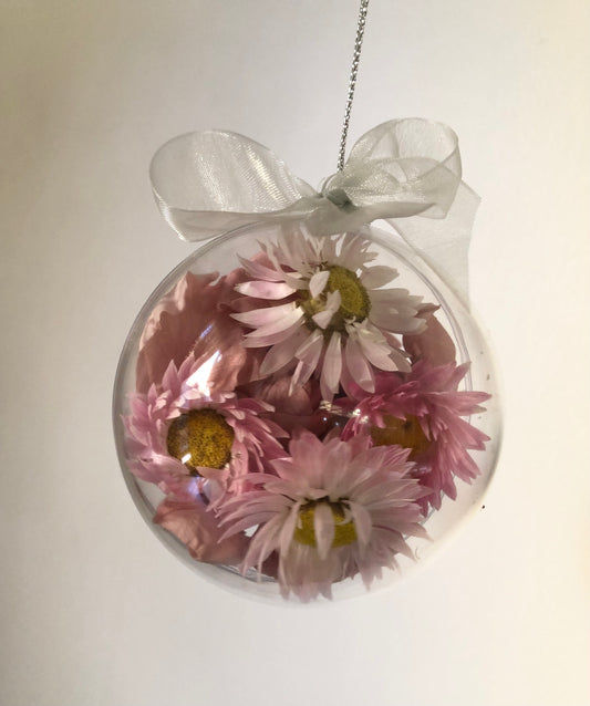 Christmas Bauble 8cm dried paper daisies silver ribbon