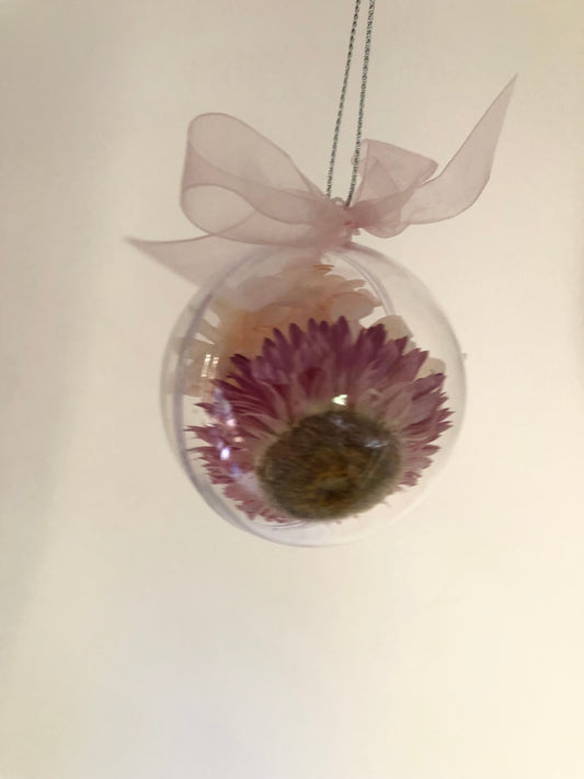 Christmas Bauble 6cm pink strawflower pink ribbon