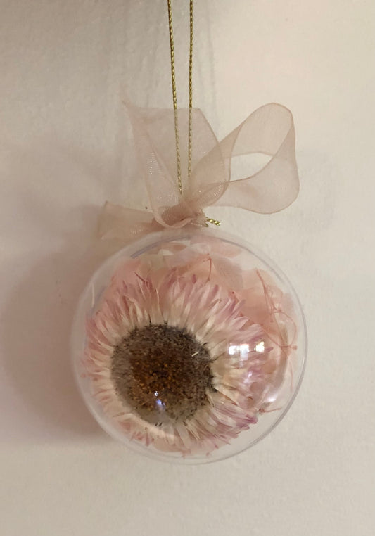 Christmas Bauble 6cm pink strawflower gold ribbon