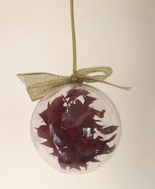 Christmas Bauble 6cm Deep red Ruscus leaves