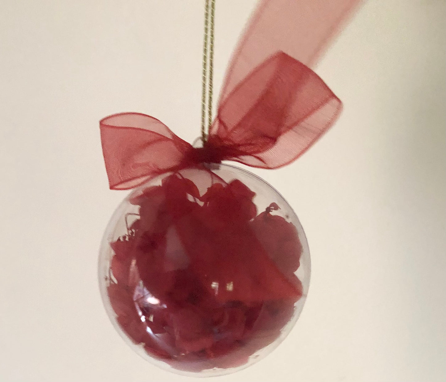 Christmas Bauble 6cm red hydrangea petals with red ribbon