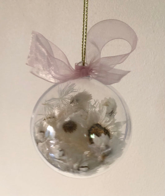 Christmas Bauble 6cm white daisies pink ribbon