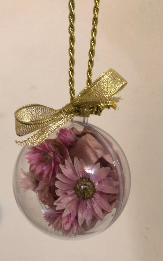 Christmas Bauble 6cm pink daisy gold glitter